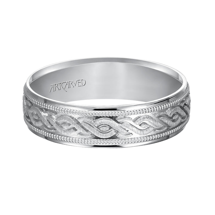 Comfort Fit, engraved wedding band with milgrain detail and flat edgess