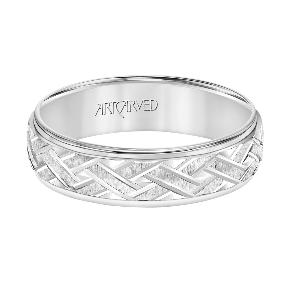 11-WV7339-G - ARTCARVED - Comfort Fit wedding band with criss-cross engraved design and stepped edge