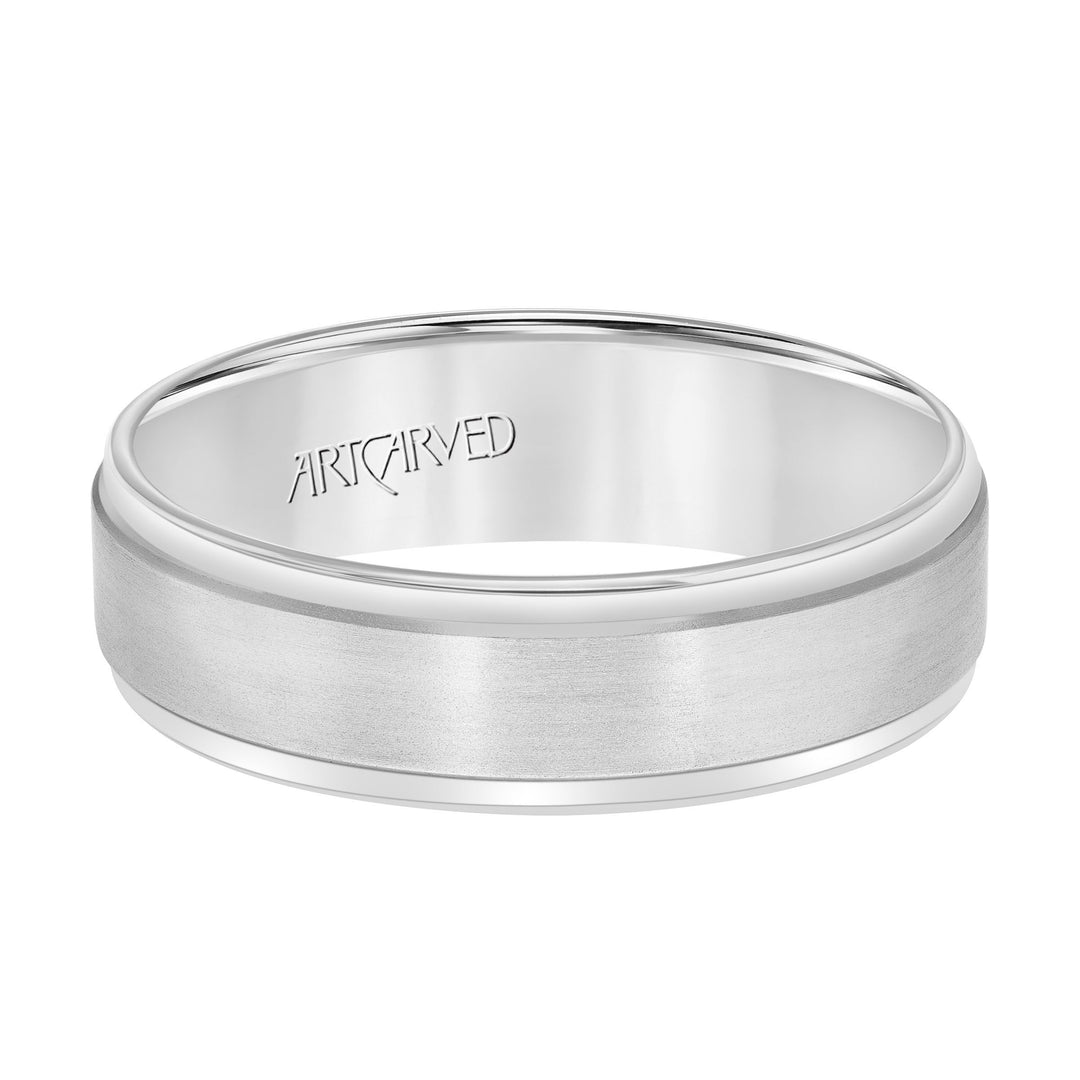 Comfort Fit wedding band with horizontal brushed finish and bright, rolled edges