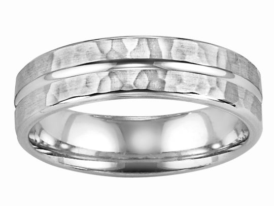 Comfort Fit engraved wedding band with polished center groove Please note hand hammered styles will have slight variations due to the nature of the manufacturing process