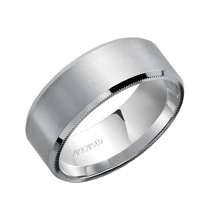 Comfort Fit, engraved wedding band with satin finish and detailed edges