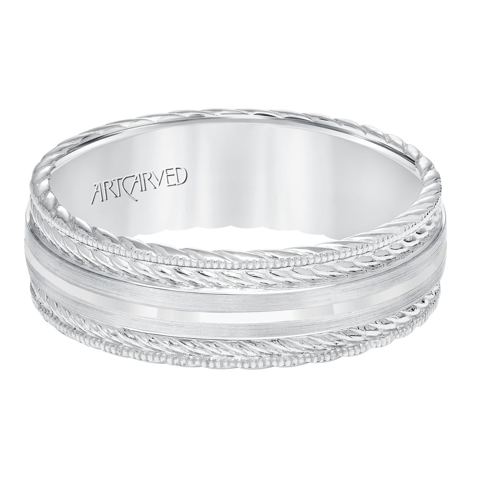 11-WV8641-G - ARTCARVED - Mens wedding band with satin finish and milgrain edge, rope treatment on top and the sides with flat profile.