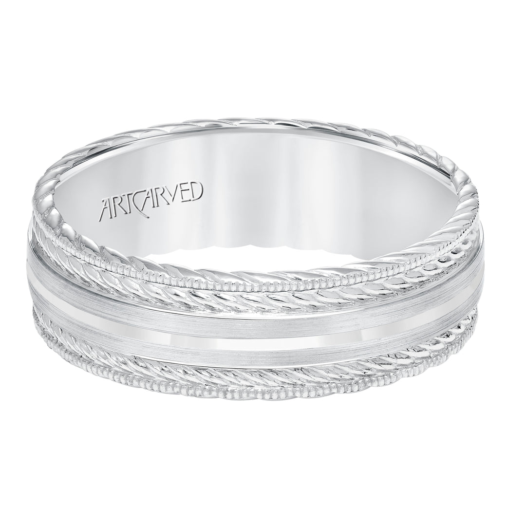 11-WV8641-G - ARTCARVED - Mens wedding band with satin finish and milgrain edge, rope treatment on top and the sides with flat profile.