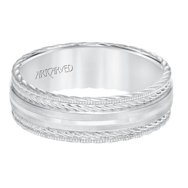 11-WV8641-G - ARTCARVED - Mens wedding band with satin finish and milgrain edge, rope treatment on top and the sides with flat profile.