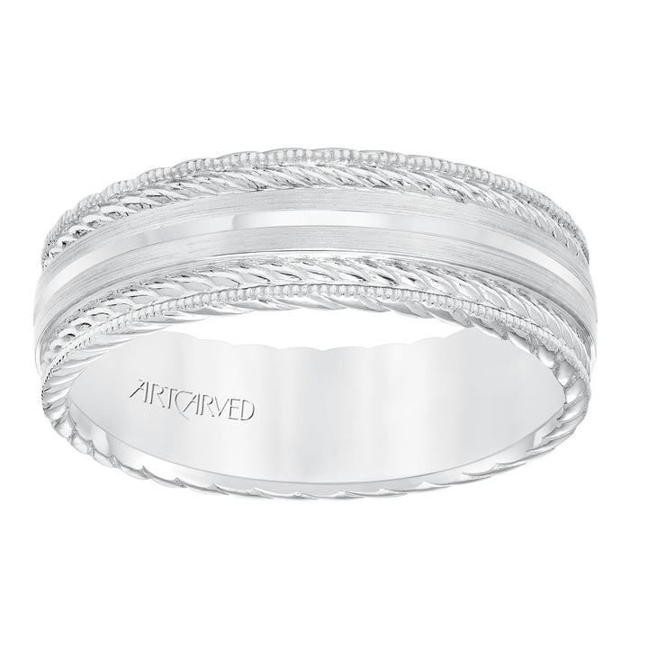 11-WV8641W7-G.00 - ARTCARVED - Mens wedding band with satin finish and milgrain edge, rope treatment on top and the sides with flat profile.