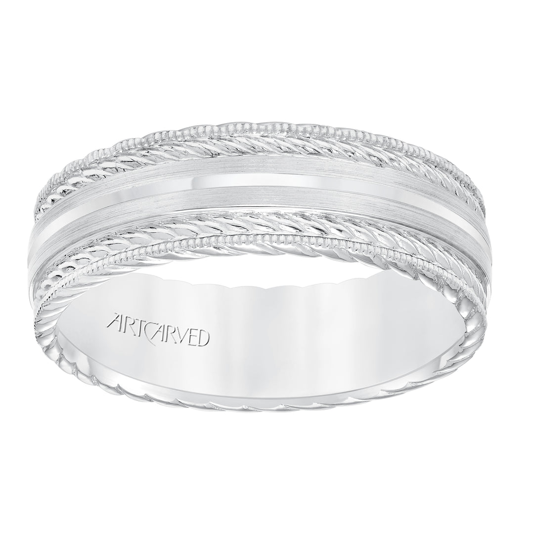 Mens wedding band with satin finish and milgrain edge, rope treatment on top and the sides with flat profile.