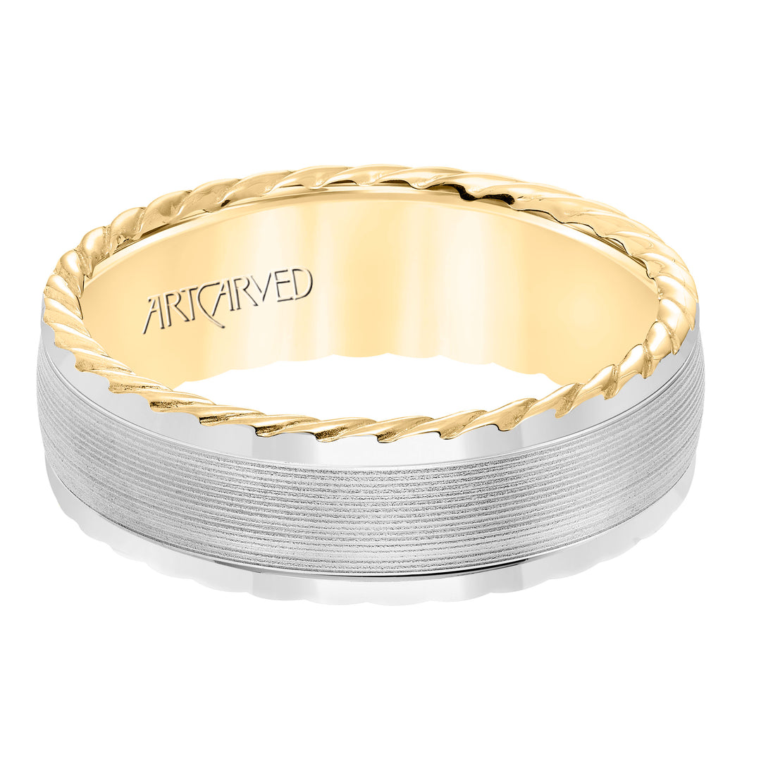 11-WV8645-G - ARTCARVED - Mens wedding band with serrated finish and round edge, rope treatment on the side with a low dome profile.