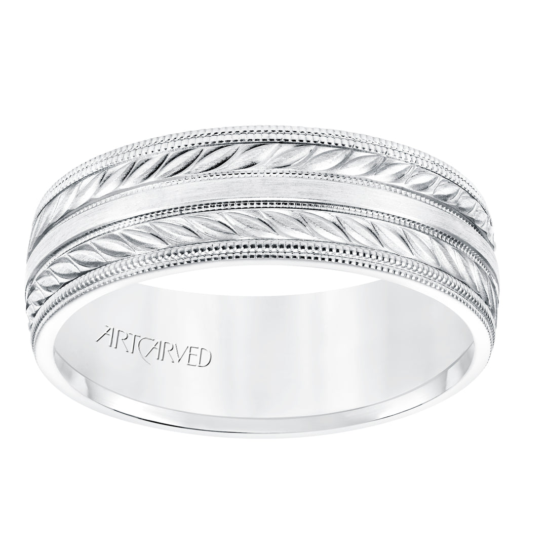 11-WV8671-G - ARTCARVED - 7MM Comfort Fit Wedding Band with a Wheat Motif and Milgrain Accent with Milgrain Edges
