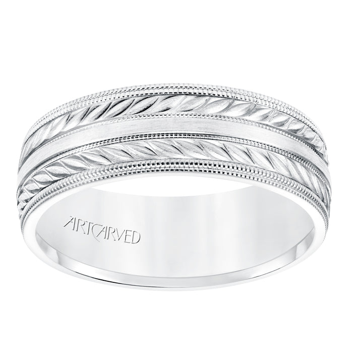 11-WV8671-G - ARTCARVED - 7MM Comfort Fit Wedding Band with a Wheat Motif and Milgrain Accent with Milgrain Edges