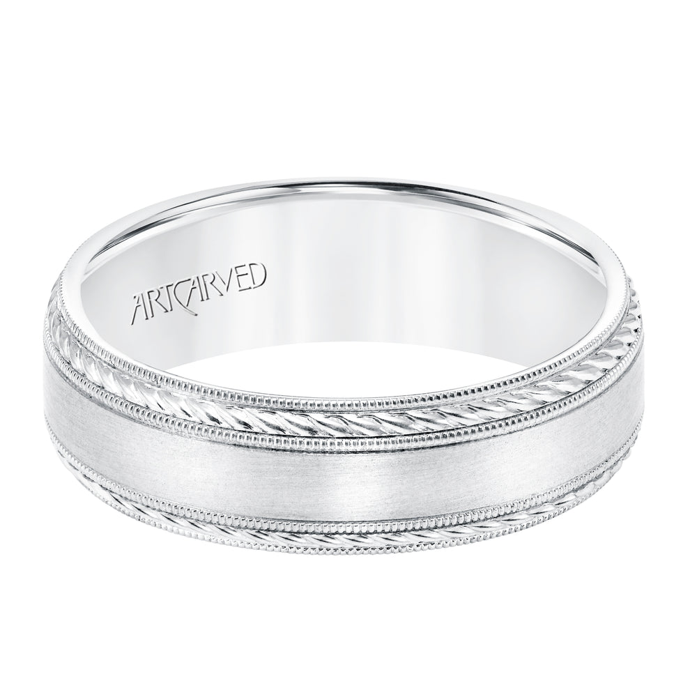 6.5 MM Comfort Fit Wedding Band with Satin Finish, Rope and Milgrain Accent with Milgrain Edges