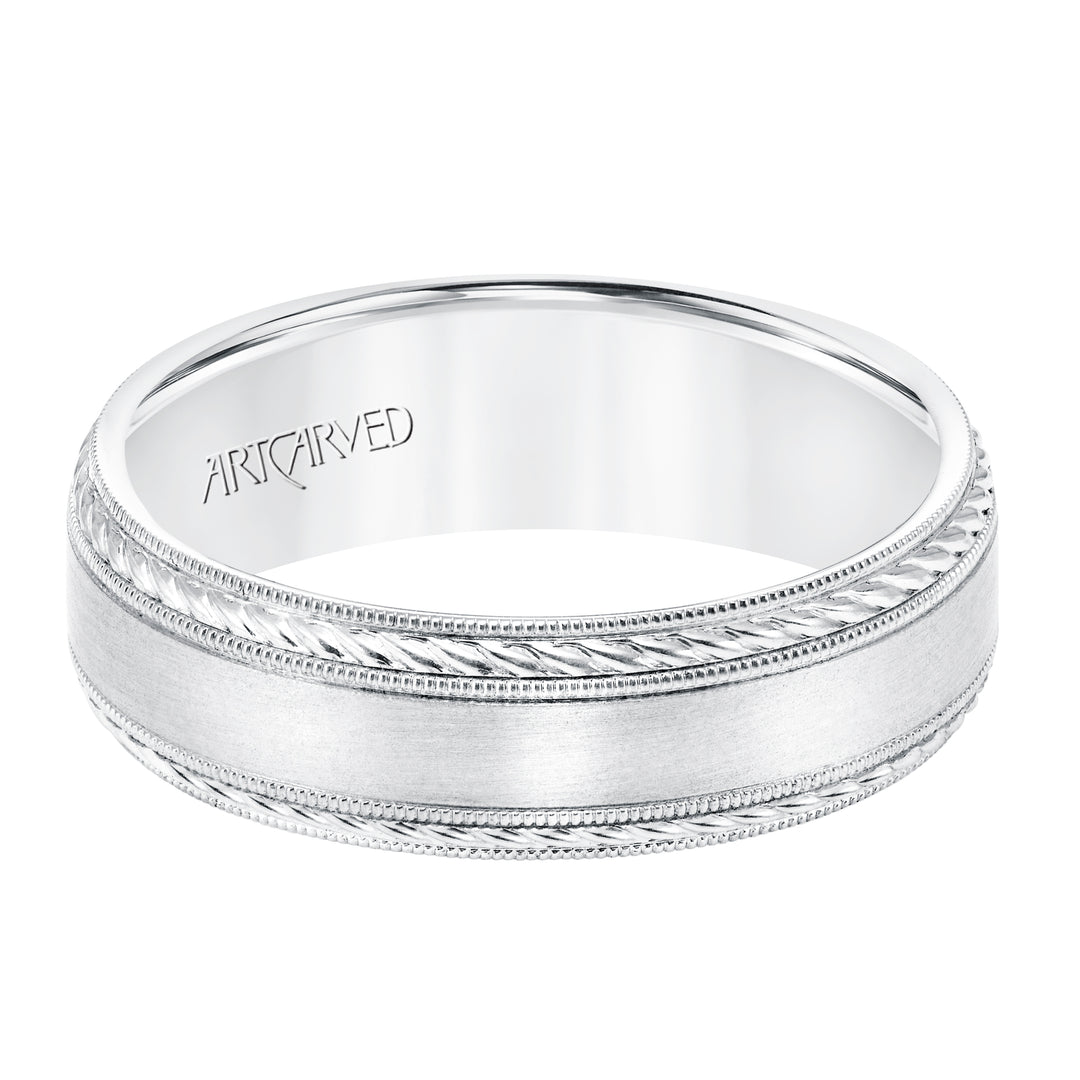 6.5 MM Comfort Fit Wedding Band with Satin Finish, Rope and Milgrain Accent with Milgrain Edges