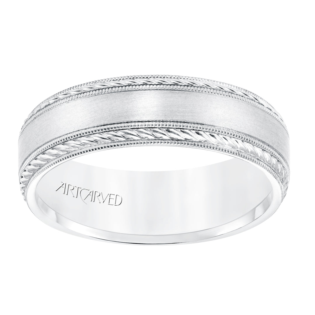 6.5 MM Comfort Fit Wedding Band with Satin Finish, Rope and Milgrain Accent with Milgrain Edges