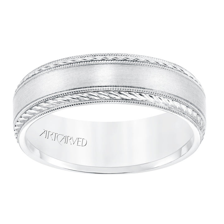 11-WV8672W65-G.00 - Goldman - 6.5 MM Comfort Fit Wedding Band with Satin Finish, Rope and Milgrain Accent with Milgrain Edges
