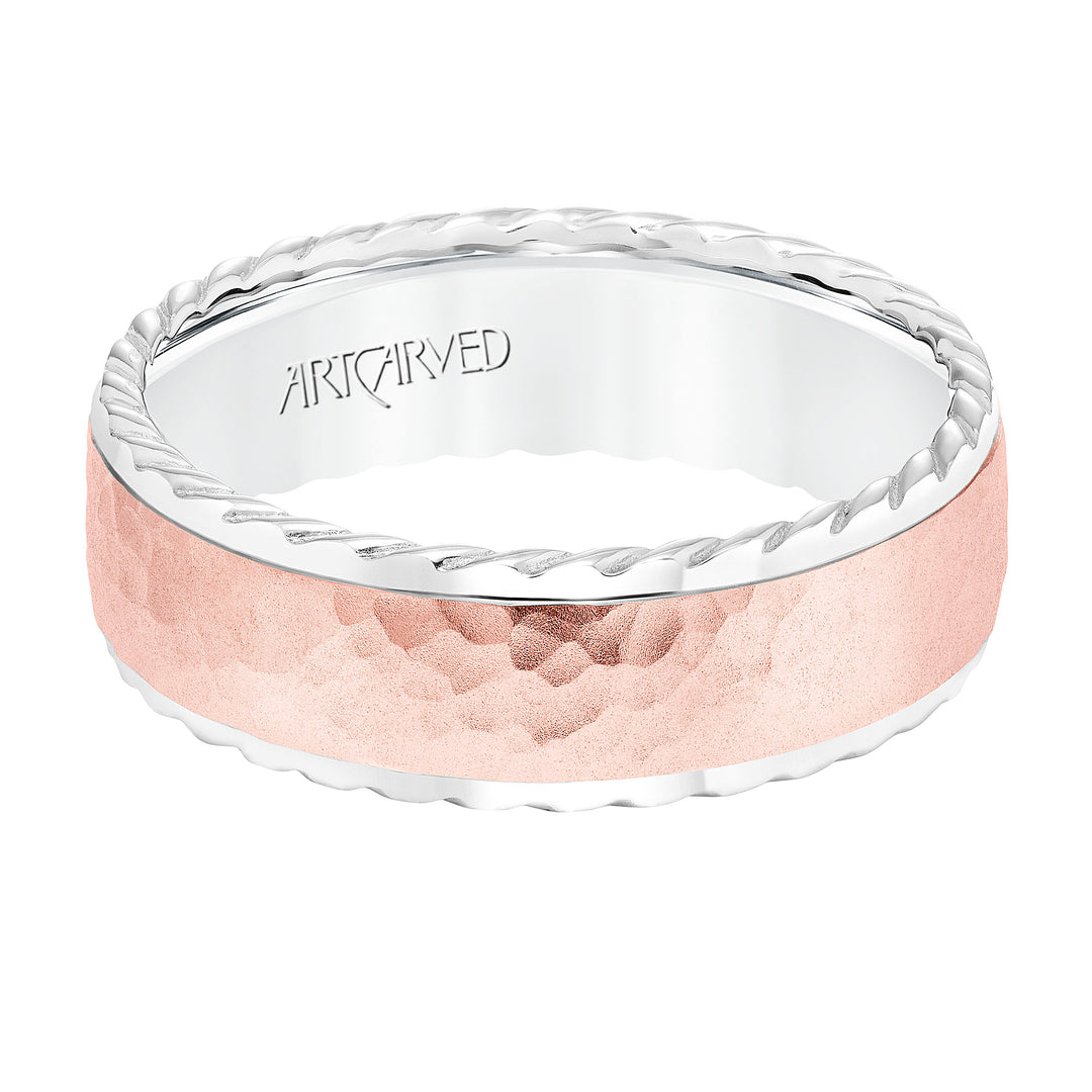 7MM Wedding Band with Hammered Finish  Rope Edge Detail and Dome Profile Please note hand hammered styles will have slight variations due to the nature of the manufacturing process