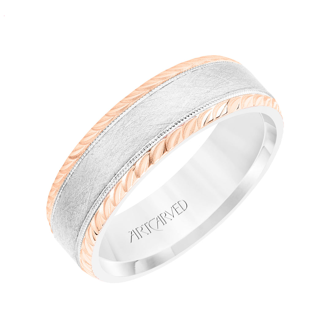 Mens Wedding Band with Domed Crystalline Finish Center with Milgrain and Leaf Design Beveled Edge