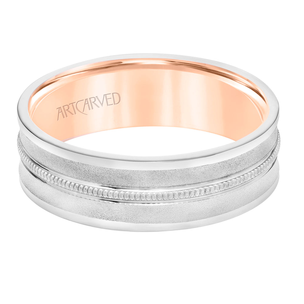 11-WV8797-G - ARTCARVED - Mens Comfort Fit Wedding Band with Concave Design, White Gold Exterior with Milgrain Center with Polished Flat Edge and Rose Gold Interior