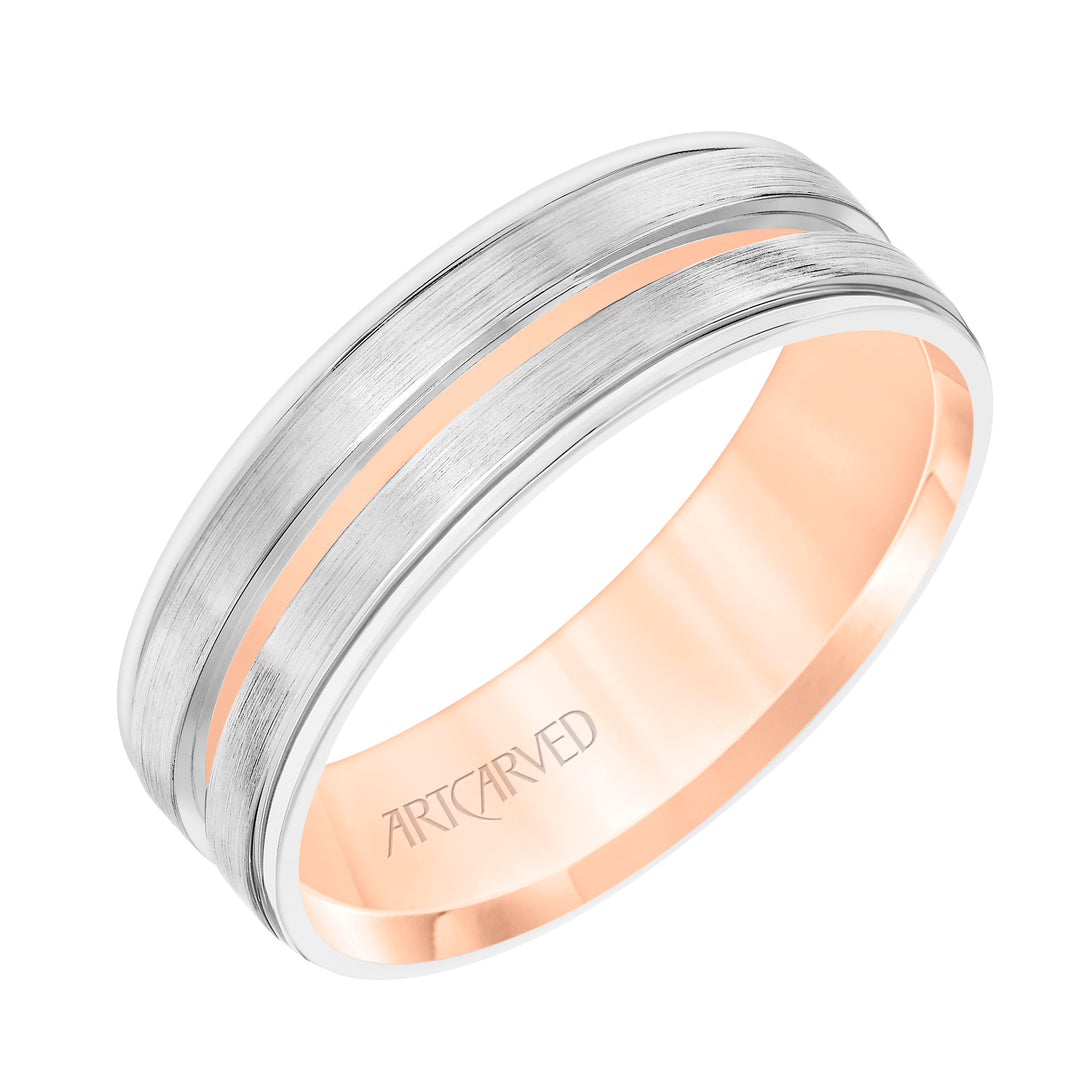 Mens Comfort Fit Wedding Band with White Gold Exterior with Brushed Finish and Polished Cut Center with Polished Round Edge and Rose Gold Interior