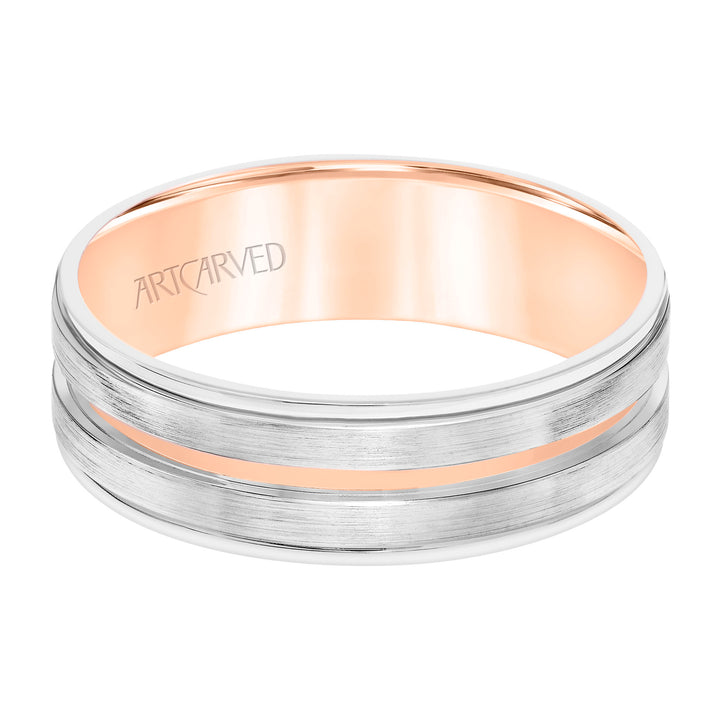 11-WV8798-G - ARTCARVED - Mens Comfort Fit Wedding Band with White Gold Exterior with Brushed Finish and Polished Cut Center with Polished Round Edge and Rose Gold Interior