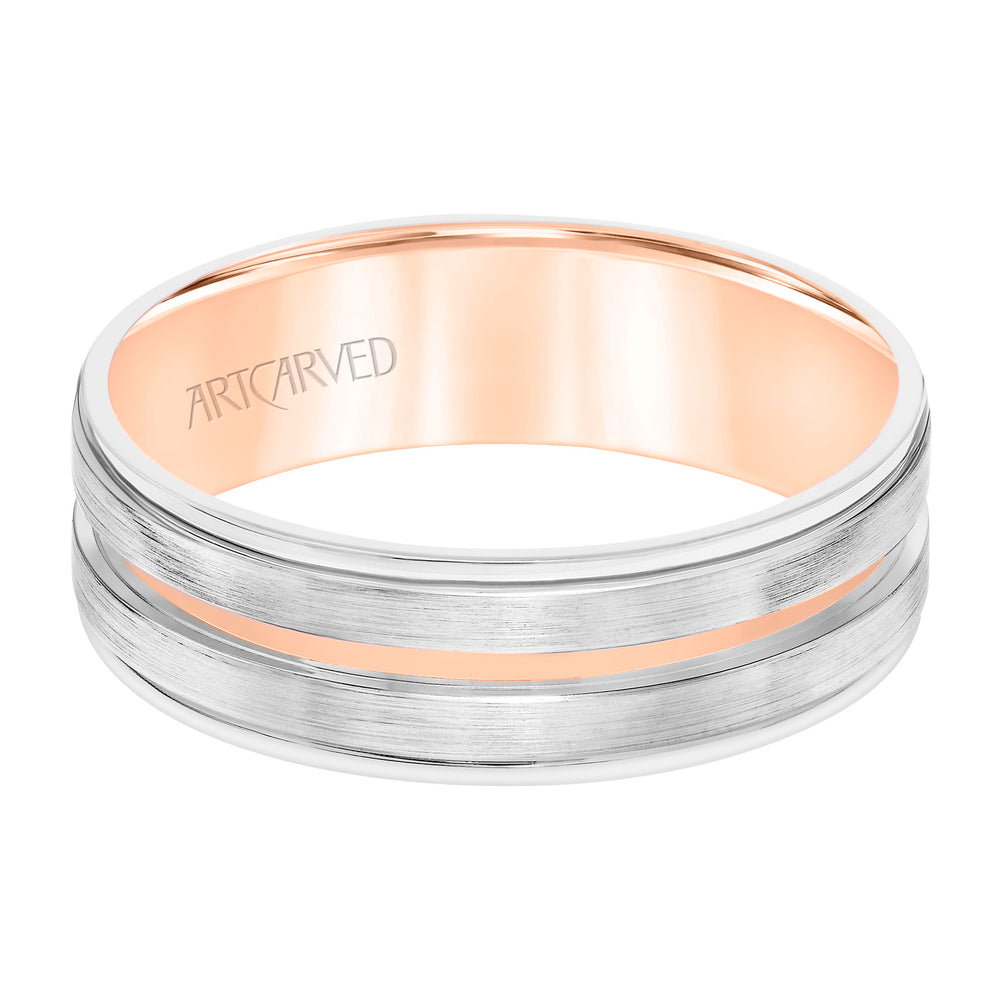 11-WV8798-G - ARTCARVED - Mens Comfort Fit Wedding Band with White Gold Exterior with Brushed Finish and Polished Cut Center with Polished Round Edge and Rose Gold Interior