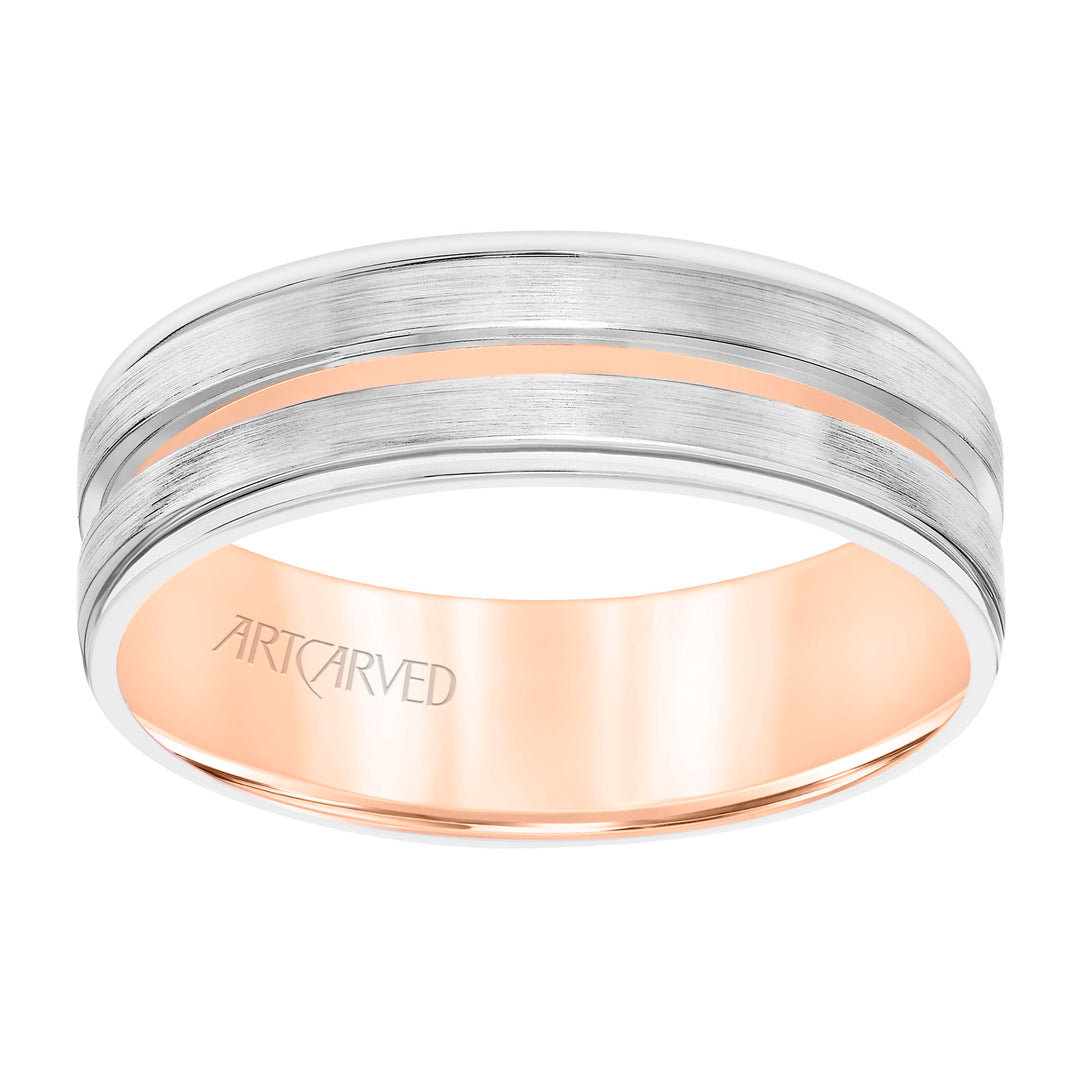 11-WV8798WR65-G.00 - ARTCARVED - Mens Comfort Fit Wedding Band with White Gold Exterior with Brushed Finish and Polished Cut Center with Polished Round Edge and Rose Gold Interior