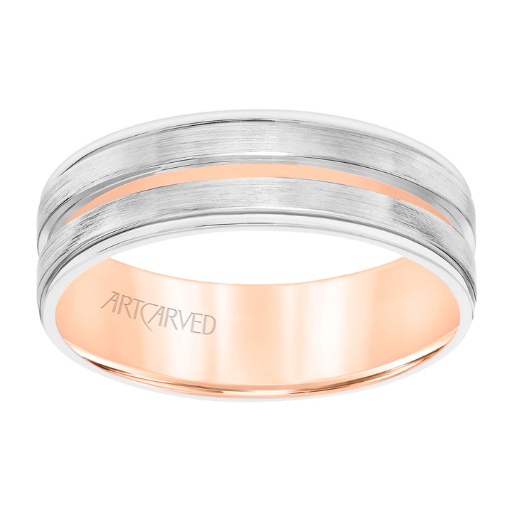 11-WV8798WR65-G.00 - ARTCARVED - Mens Comfort Fit Wedding Band with White Gold Exterior with Brushed Finish and Polished Cut Center with Polished Round Edge and Rose Gold Interior