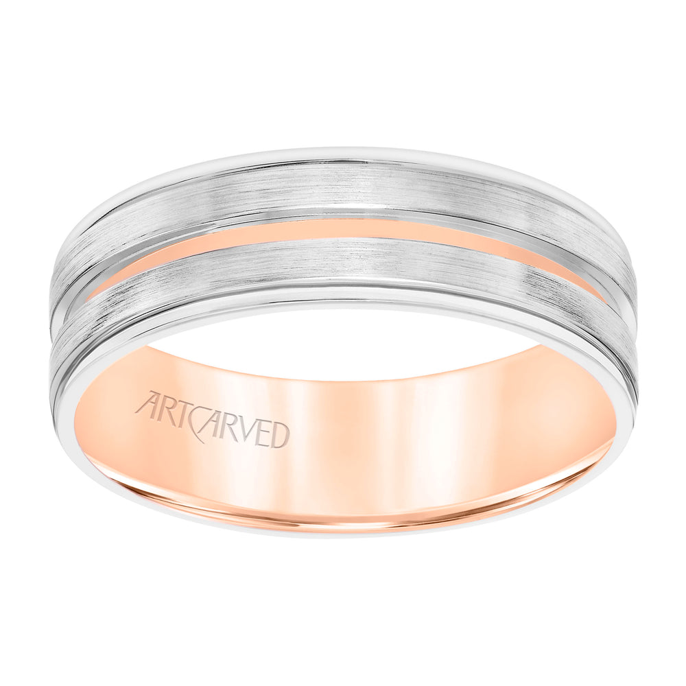 11-WV8798WR65-G.00 - Goldman - Mens Comfort Fit Wedding Band with White Gold Exterior with Brushed Finish and Polished Cut Center with Polished Round Edge and Rose Gold Interior