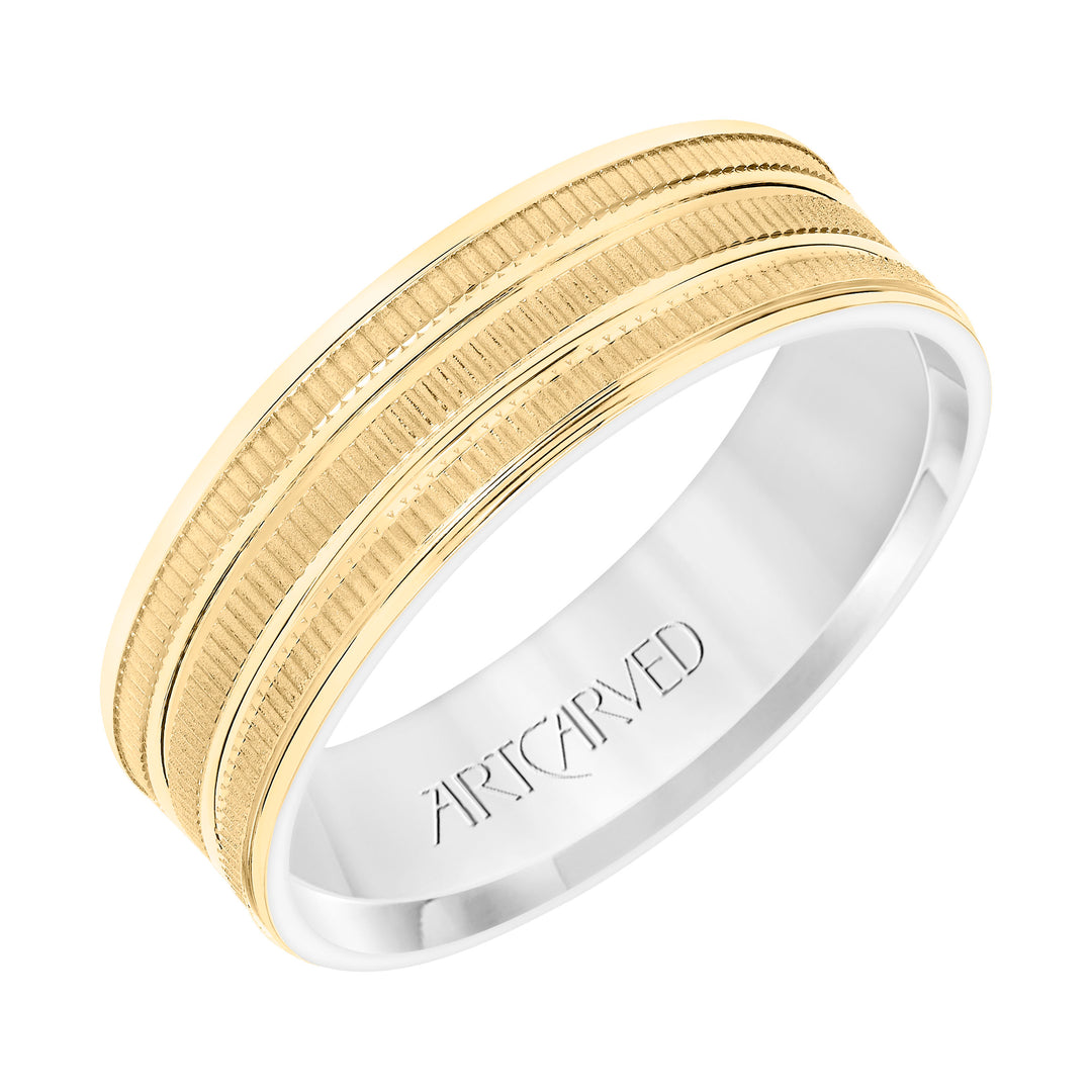 Mens Comfort Fit Wedding Band with Yellow Gold Exterior with Coin Finish with Polished Flat Cuts and Polished Flat Edge with White Gold Interior