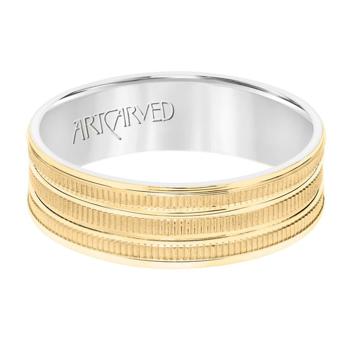 Mens Comfort Fit Wedding Band with Yellow Gold Exterior with Coin Finish with Polished Flat Cuts and Polished Flat Edge with White Gold Interior