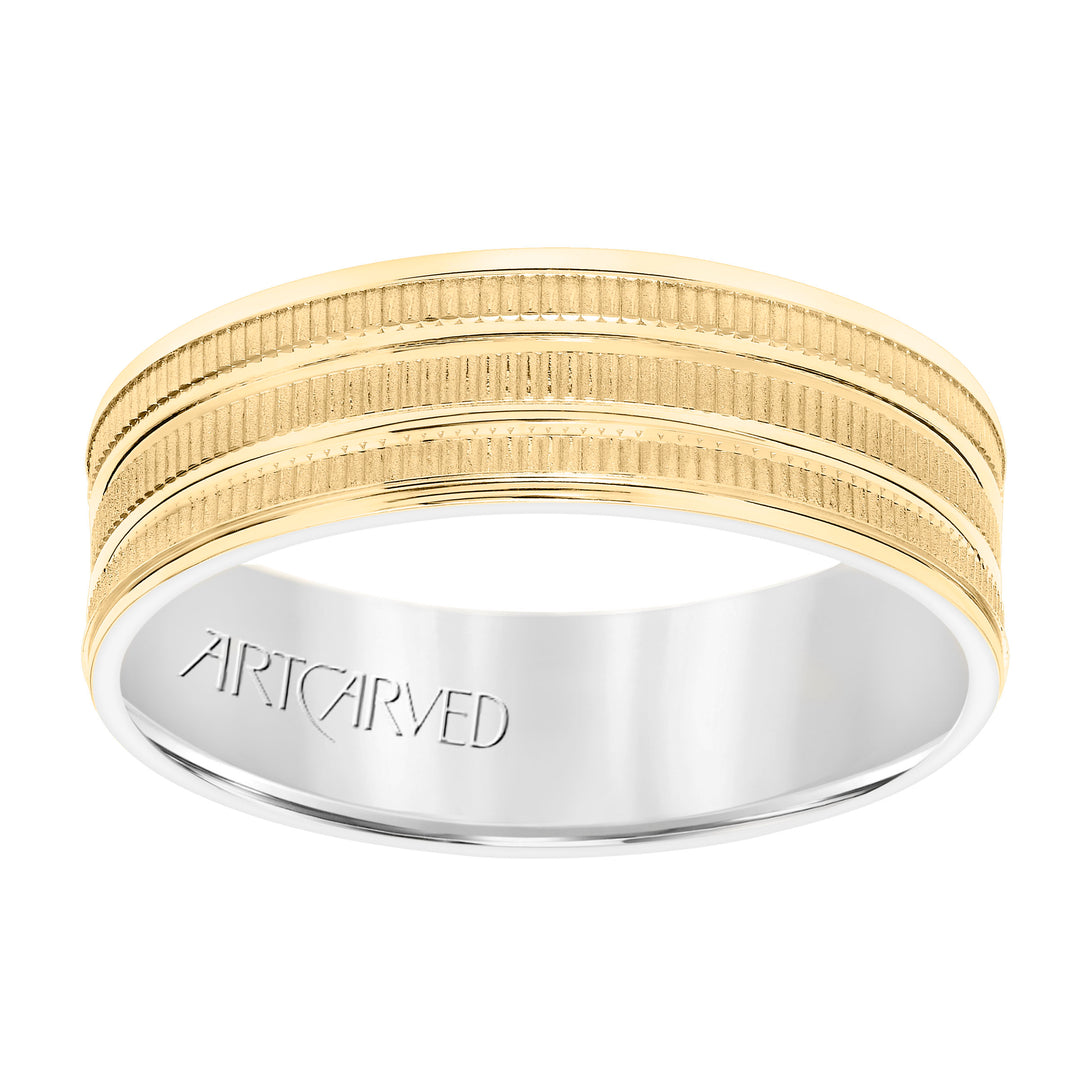 Mens Comfort Fit Wedding Band with Yellow Gold Exterior with Coin Finish with Polished Flat Cuts and Polished Flat Edge with White Gold Interior