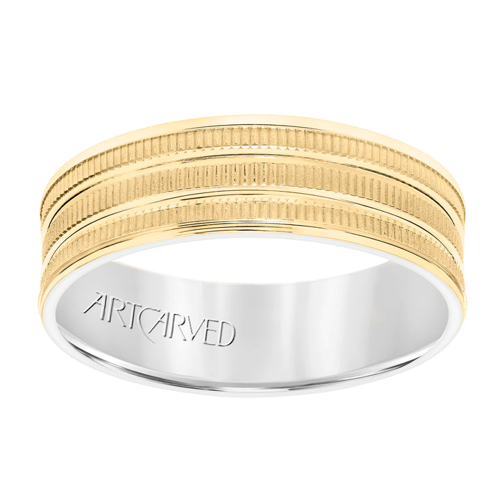 Mens Comfort Fit Wedding Band with Yellow Gold Exterior with Coin Finish with Polished Flat Cuts and Polished Flat Edge with White Gold Interior