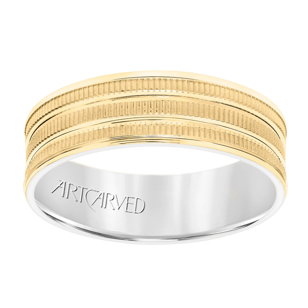 11-WV8830YW65-G.00 - Goldman - Mens Comfort Fit Wedding Band with Yellow Gold Exterior with Coin Finish with Polished Flat Cuts and Polished Flat Edge with White Gold Interior
