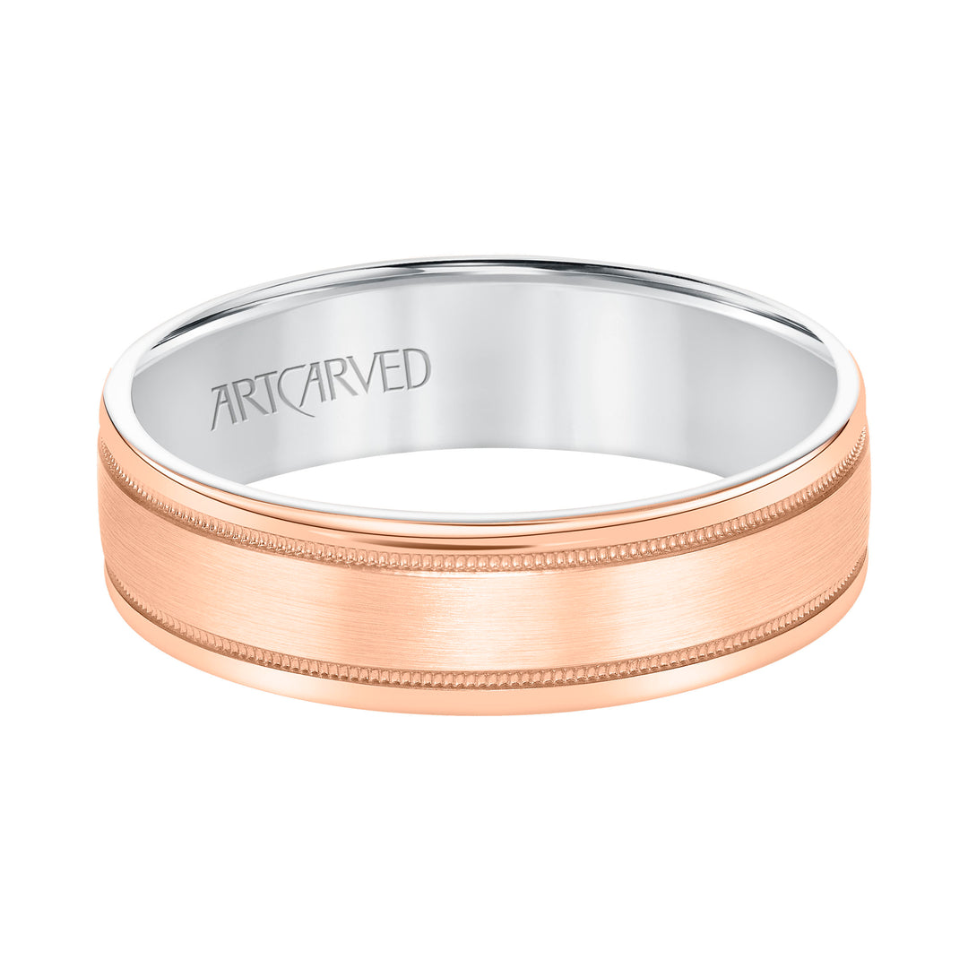 11-WV8831RW6-G.00 - ARTCARVED - Mens Comfort Fit Wedding Band with Rose Gold Exterior with Brushed Center with Milgrain Accents and Polished Round Edge with White Gold Interior