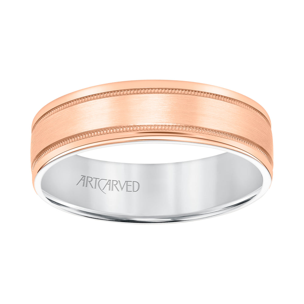 11-WV8831RW6-G.00 - Goldman - Mens Comfort Fit Wedding Band with Rose Gold Exterior with Brushed Center with Milgrain Accents and Polished Round Edge with White Gold Interior