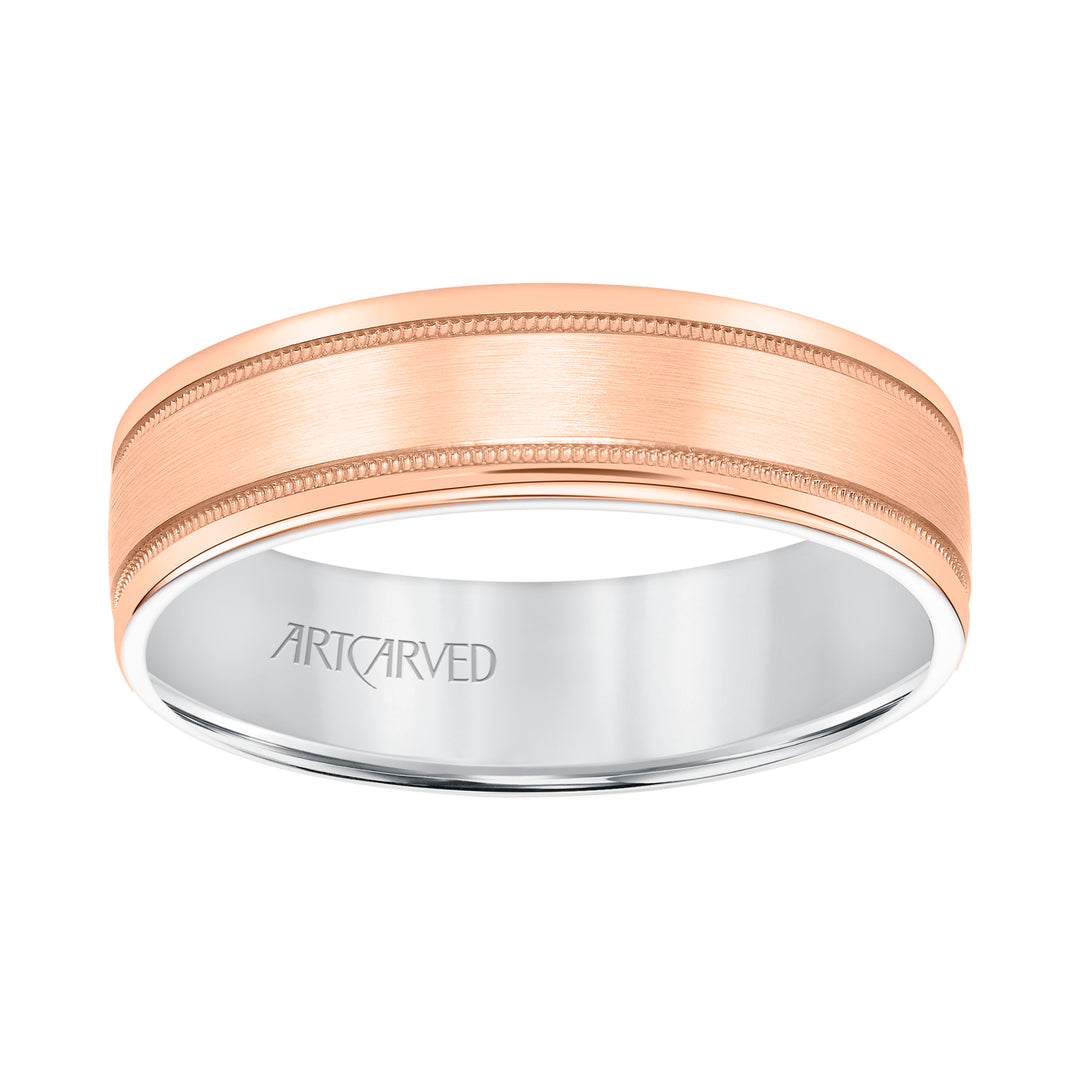 Mens Comfort Fit Wedding Band with Rose Gold Exterior with Brushed Center with Milgrain Accents and Polished Round Edge with White Gold Interior