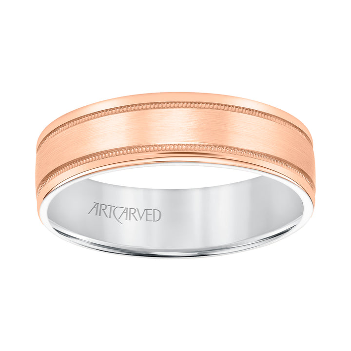 Mens Comfort Fit Wedding Band with Rose Gold Exterior with Brushed Center with Milgrain Accents and Polished Round Edge with White Gold Interior