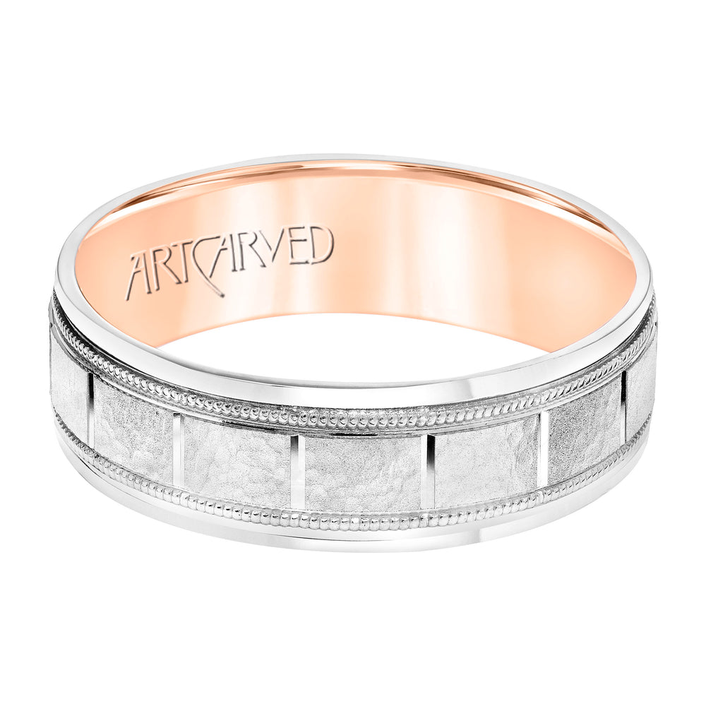 11-WV8832WR65-G.00 - ARTCARVED - Mens Comfort Fit Wedding Band with White Gold Exterior with Stone Finish and Polished Vertical Cut Center with Milgrain Accents, Polished Round Edge and Rose Gold