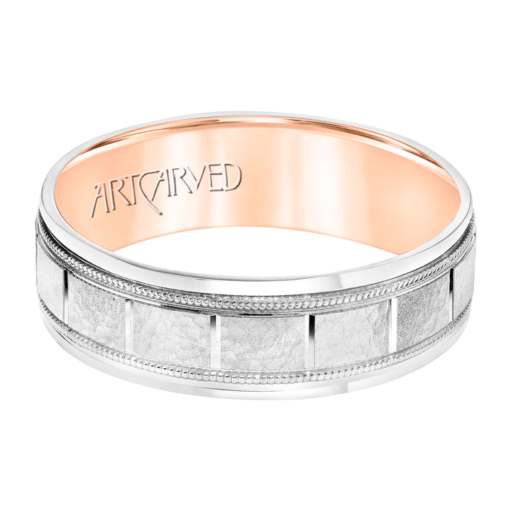 11-WV8832WR65-G.00 - ARTCARVED - Mens Comfort Fit Wedding Band with White Gold Exterior with Stone Finish and Polished Vertical Cut Center with Milgrain Accents, Polished Round Edge and Rose Gold