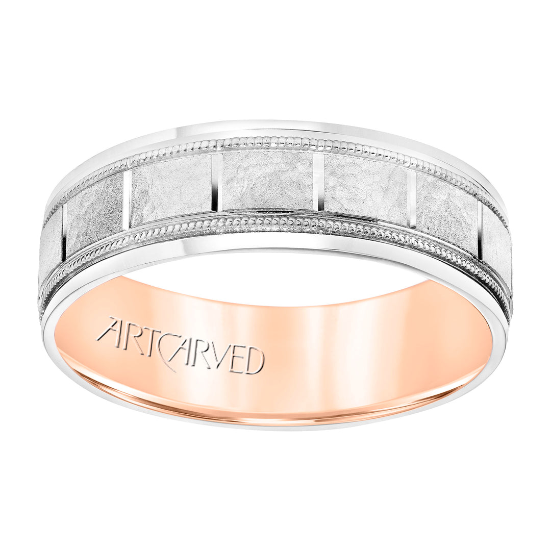 11-WV8832-G - ARTCARVED - Mens Comfort Fit Wedding Band with White Gold Exterior with Stone Finish and Polished Vertical Cut Center with Milgrain Accents, Polished Round Edge and Rose Gold