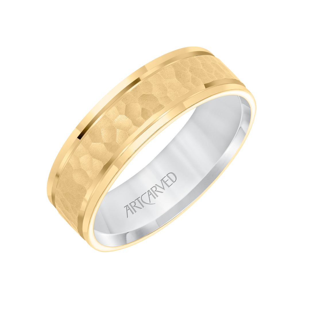 Mens Comfort Fit wed Band with Yellow Gold Exterior with brushd Finish and hammerd Texture Center with Polished Flat Edge and White Gold Interior Pls note hand hammerd styles will have slight variations due to the nature of the manufacturing process