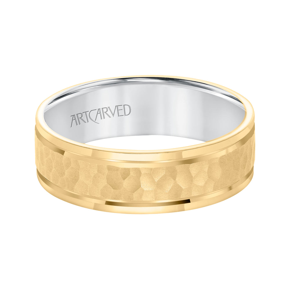 Mens Comfort Fit wed Band with Yellow Gold Exterior with brushd Finish and hammerd Texture Center with Polished Flat Edge and White Gold Interior Pls note hand hammerd styles will have slight variations due to the nature of the manufacturing process
