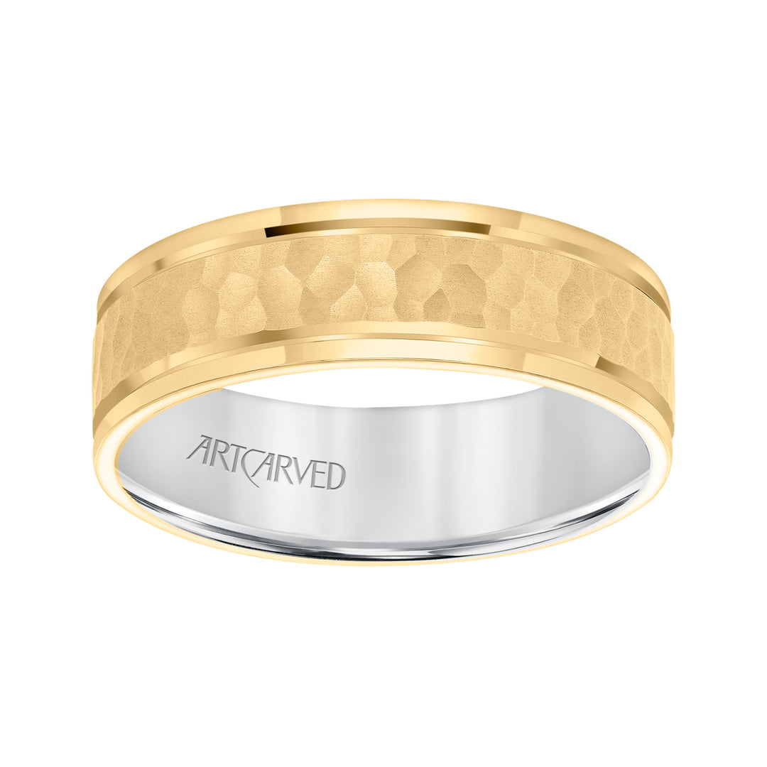 11-WV8833YW65-G.00 - ARTCARVED - Mens Comfort Fit wed Band with Yellow Gold Exterior with brushd Finish and hammerd Texture Center with Polished Flat Edge and White Gold Interior Pls note hand hammerd styles will have slight variations due to the nat