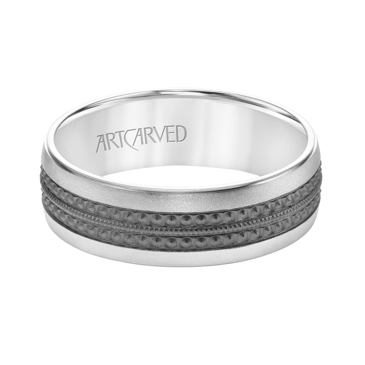 Mens Comfort Fit Wedding Band with Matt Finish and Textured Black Rhodium Center with Milgrain Accents and Polished Flat Edge