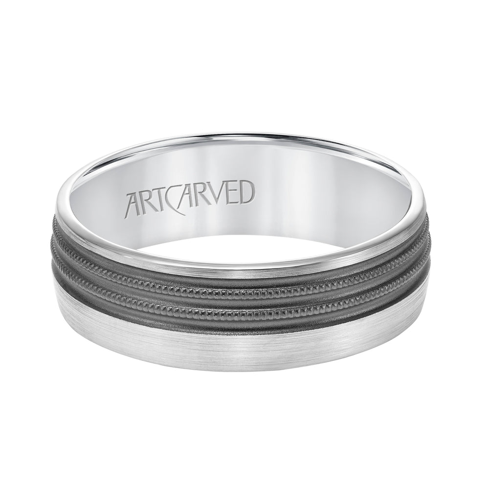 Mens Comfort Fit Wedding Band with Brushed Matte Finish with Textured Black Rhodium and Milgrain Accents