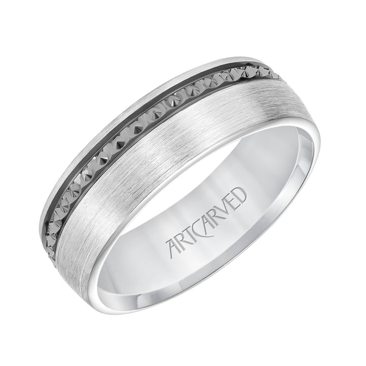 Mens Comfort Fit Wedding Band with High Polished Textured Black Rhodium and Satin/Soft Sand Finish Center