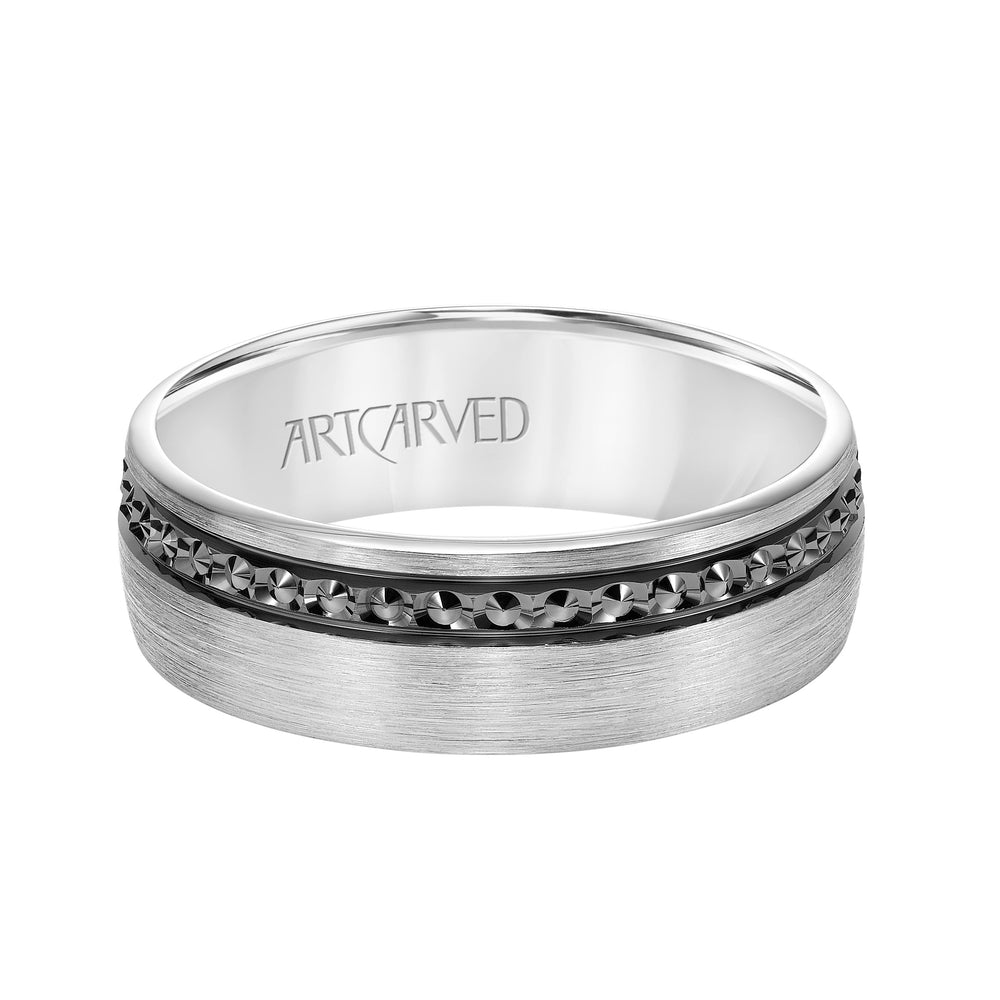 11-WV8846-G - ARTCARVED - Mens Comfort Fit Wedding Band with High Polished Textured Black Rhodium and Satin/Soft Sand Finish Center