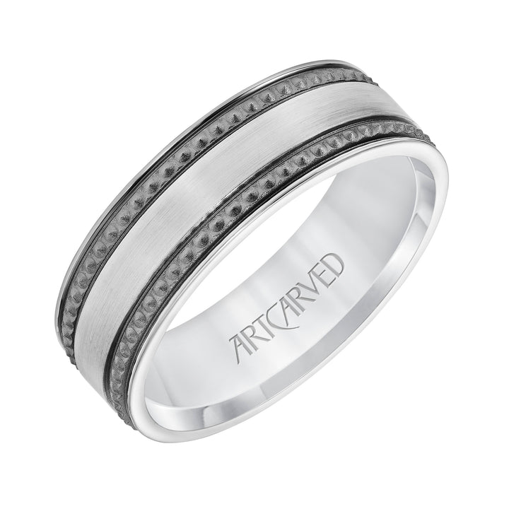 11-WV8847-G - ARTCARVED - 7MM Comfort Fit Wedding Band with Satin/Soft Sand Center and Textured Black Rhodium Detail