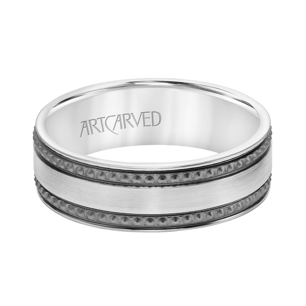 11-WV8847-G - ARTCARVED - 7MM Comfort Fit Wedding Band with Satin/Soft Sand Center and Textured Black Rhodium Detail