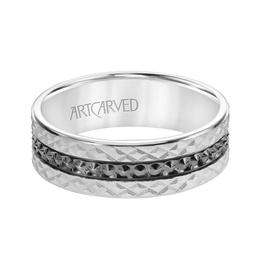 Mens Comfort Fit Wedding Band with Criss Cross Satin/Soft Sand Engraved Design and Polished Textured Black Rhodium Center