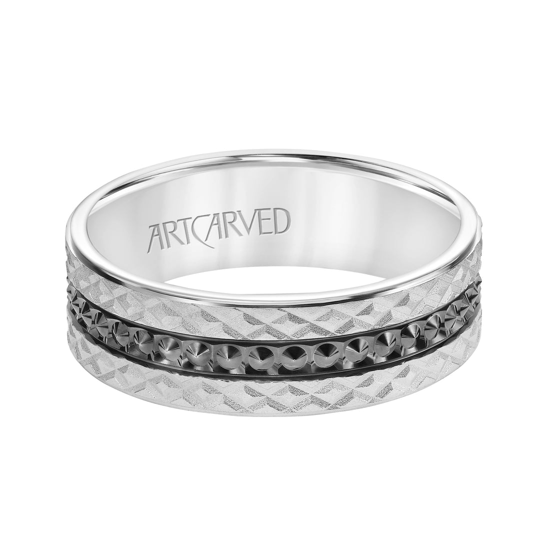 11-WV8848-G - ARTCARVED - Mens Comfort Fit Wedding Band with Criss Cross Satin/Soft Sand Engraved Design and Polished Textured Black Rhodium Center