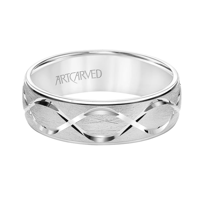 Mens Comfort Fit Wedding Band with Chrystalline Finish with Swiss Cut Infinity Design Center and Polished Round Edge